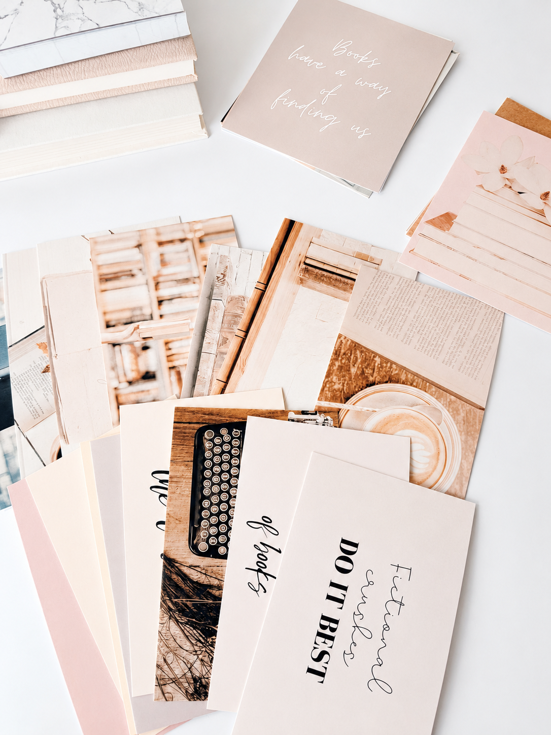 Spread of bookish vision board cards with reading quotes, books, and cozy images