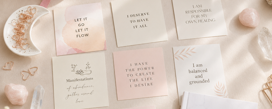 Affirmation cards on a beige desk with crystals and rose gold clips 