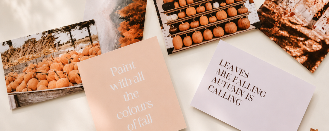 Autumn vision board cards with fall photos, pumpkins, leaves and inspirational quotes arranged on a light neutral background.