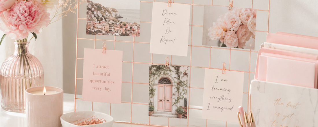 Vision board with rise gold wall grid on a desk