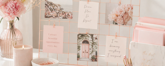 Vision board with rise gold wall grid on a desk