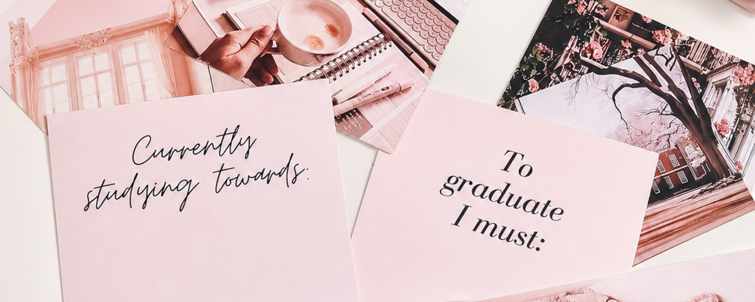 Study vision board cards with graduation and academic goal prompts for students.