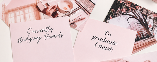 Study vision board cards with graduation and academic goal prompts for students.