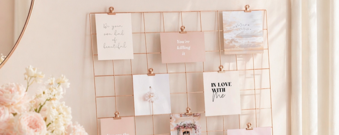 Vision board on a rose gold grid perched on a desk