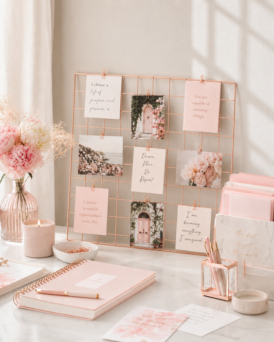Vision board with rise gold wall grid on a desk