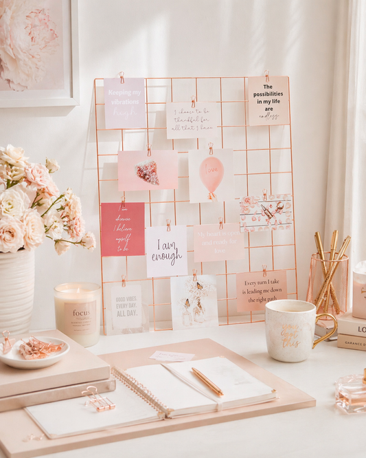 Vision board on a rose gold grid perched on a desk
