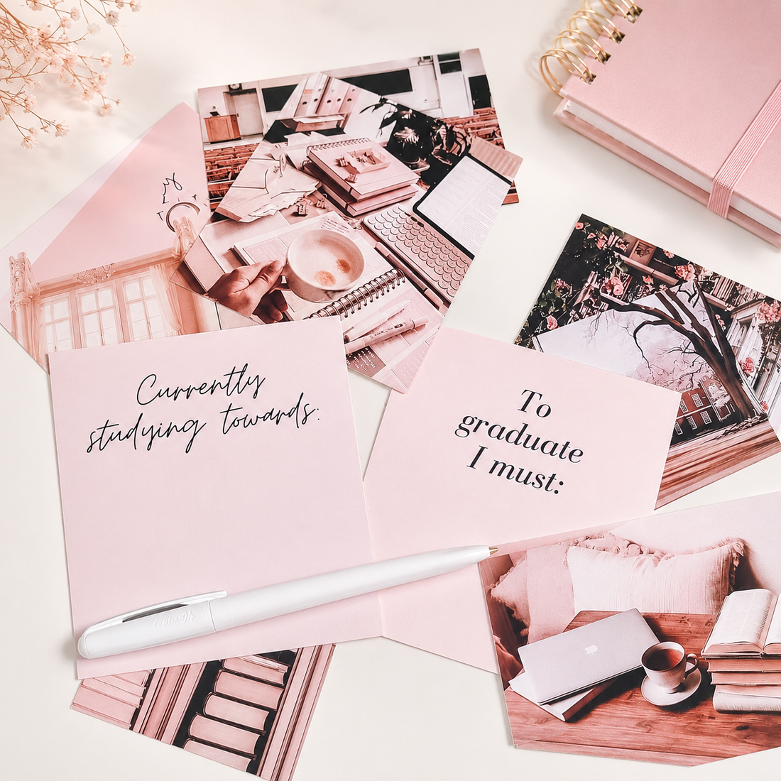 Study Vision Board Cards arranged on a desk with a pink notebook