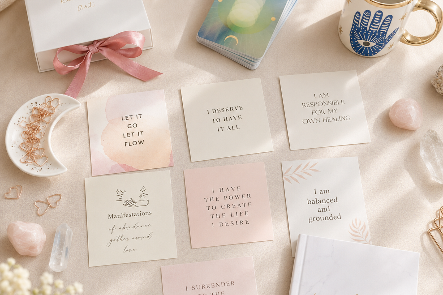 A styled flat-lay of affirmation cards with minimalist text and soft pastel designs, arranged on a cream fabric with crystals, a gift box, a blue Hamsa mug, and a card deck.
