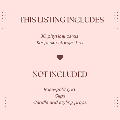 Pink product information graphic listing the card set includes: 30 physical cards and a keepsake storage box.