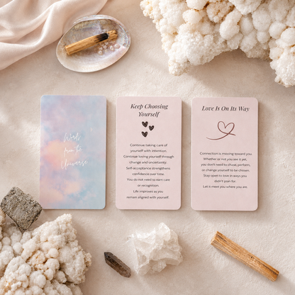 Mini oracle card reading envelope styled with crystals, palo santo, and soft natural light