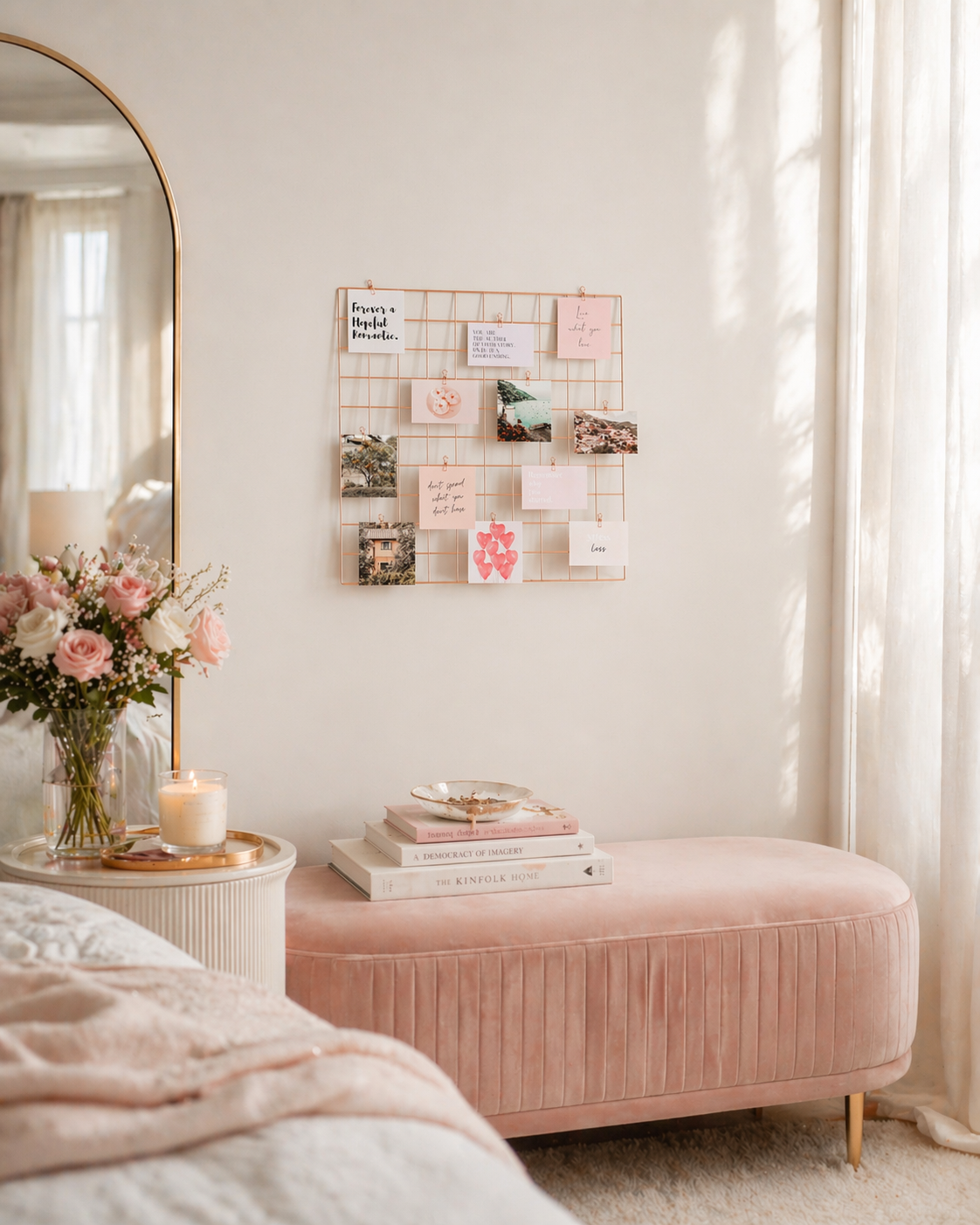 Vision board starter set arranged on a bedroom wall above a blush pink bed with soft pastel decor