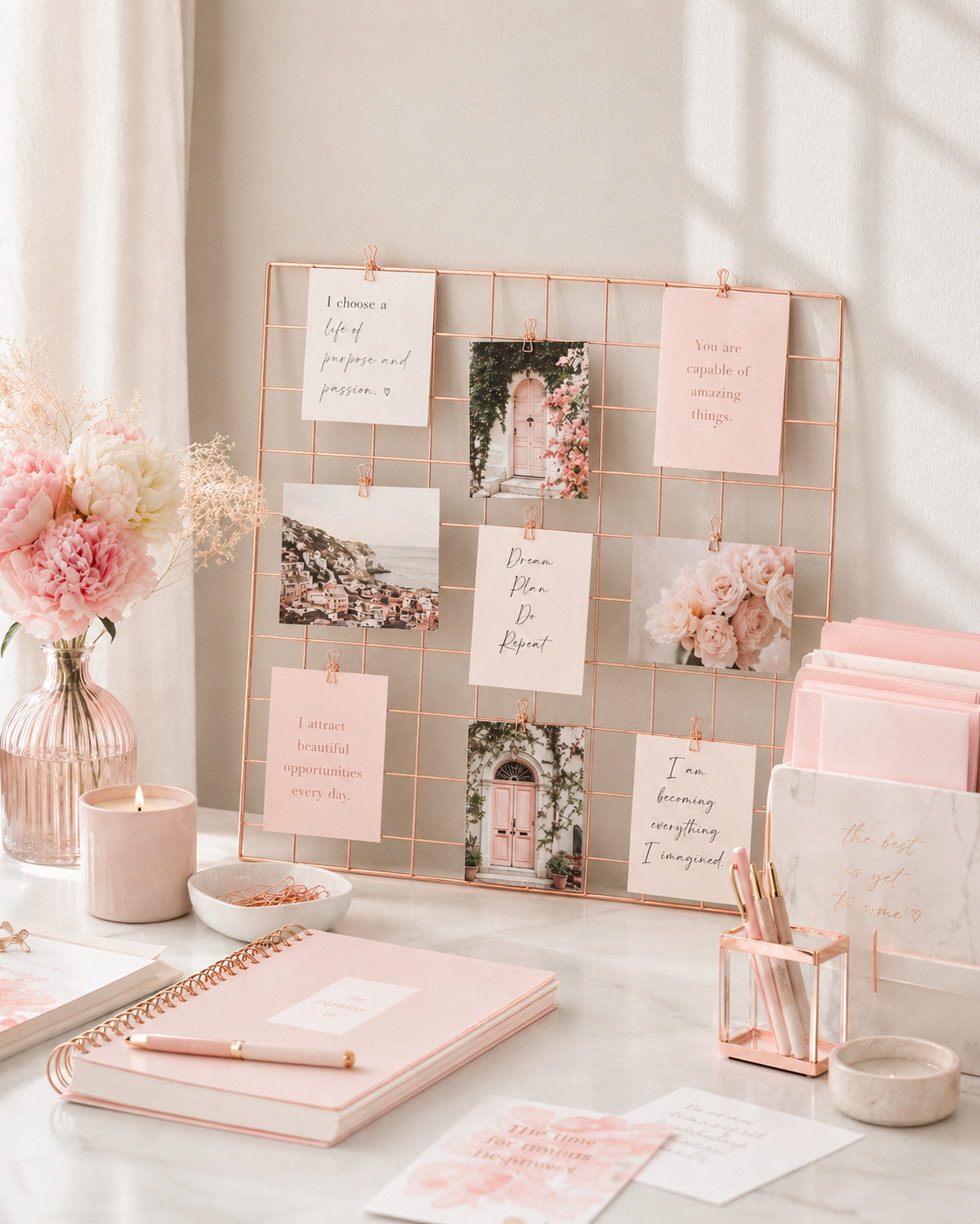 Rose gold vision board grid styled on a desk with pink stationery and vision board cards