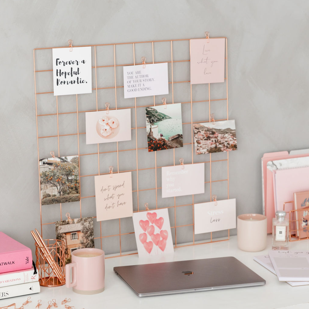 Vision board card starter set with quote and image cards on wall grid