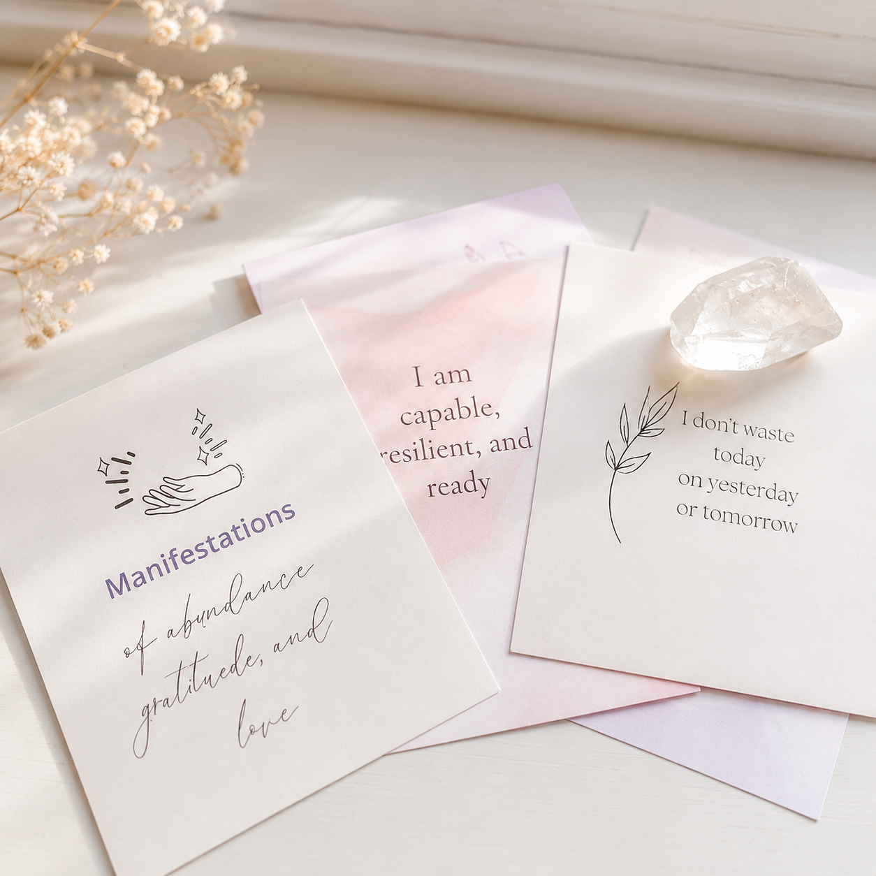 Close-up of affirmation card with crystal accent