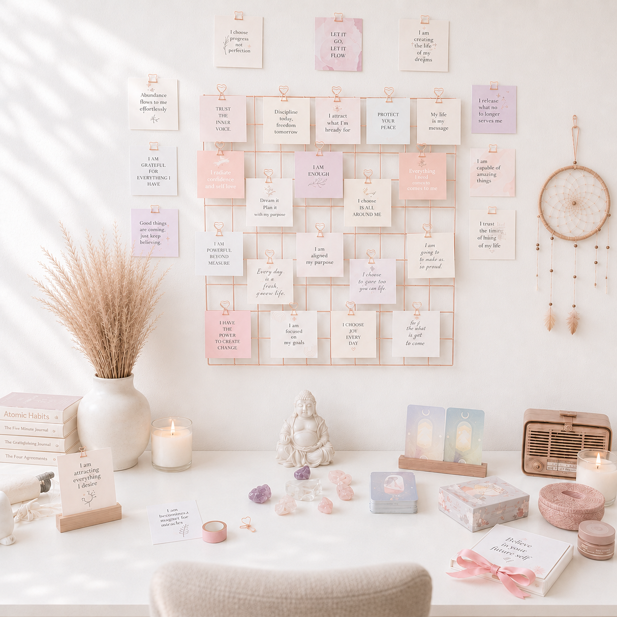 Affirmation card grid mounted above desk with candle
