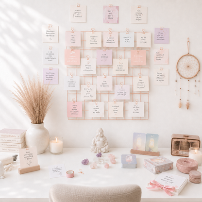 Affirmation card grid mounted above desk with candle