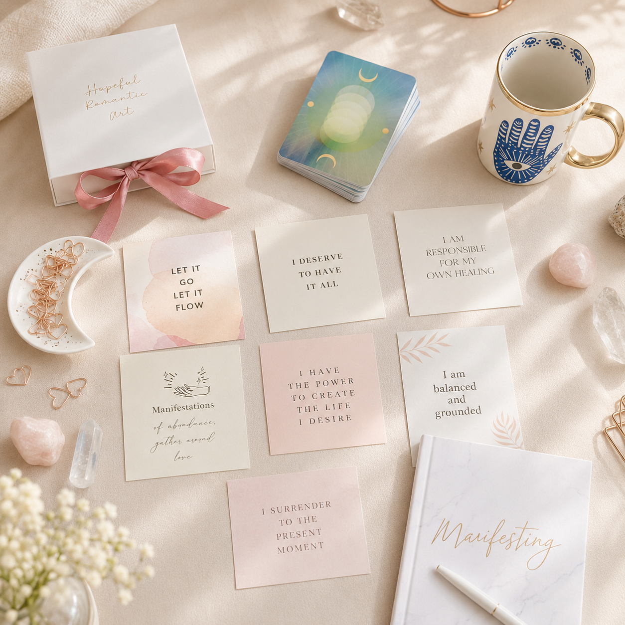Affirmation cards laid out with crystals and dried flowers