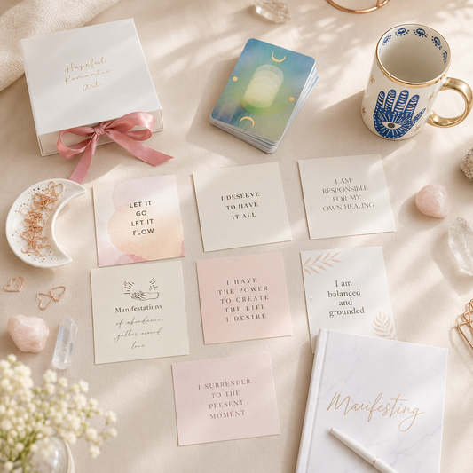 Affirmation cards laid out with crystals and dried flowers