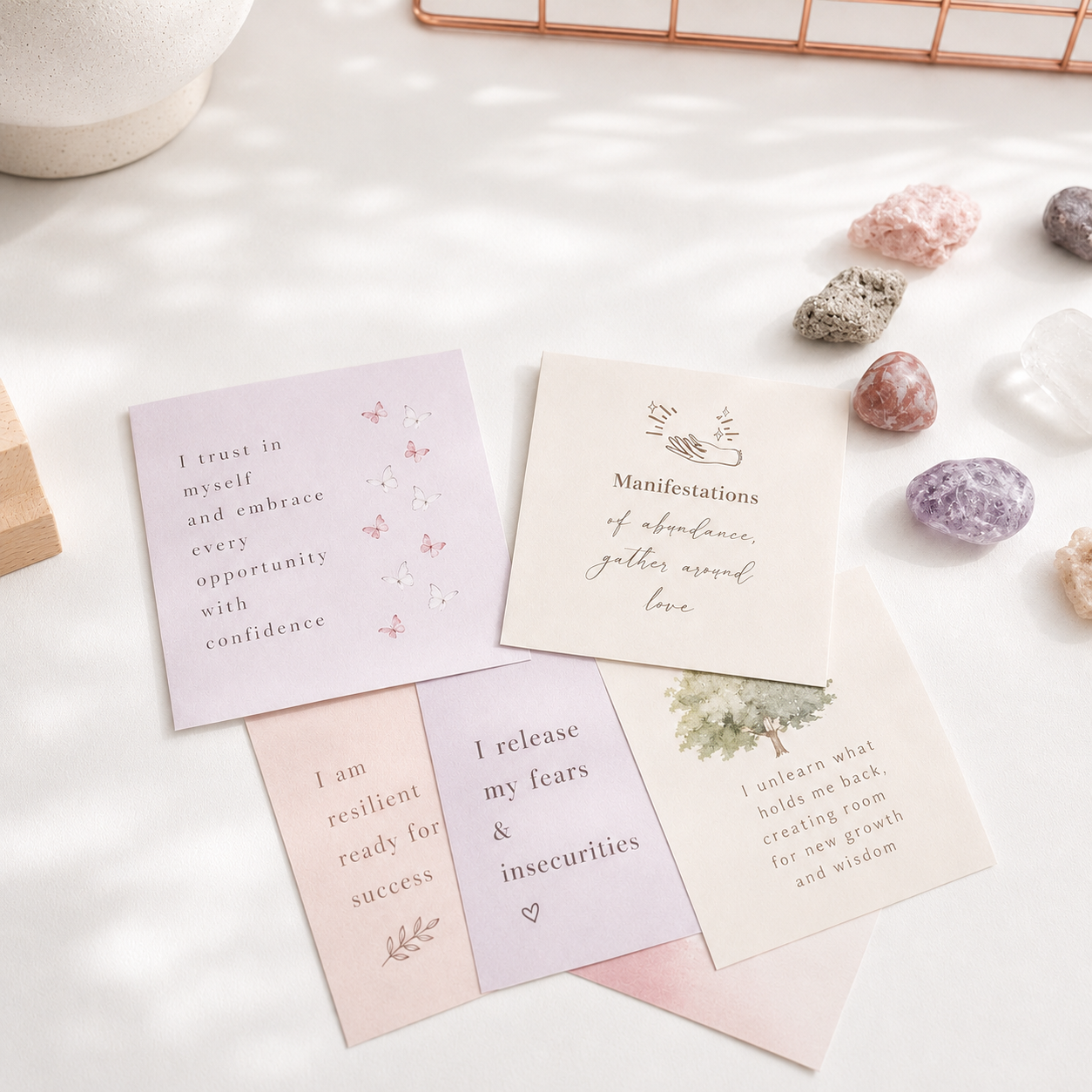 Affirmation cards fanned out with crystals and florals