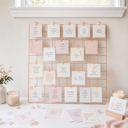 Affirmation cards on grid, styled wide angle