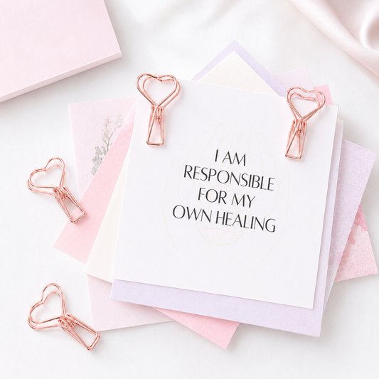 Affirmation cards with heart clips and "I Am Responsible For My Own Healing" card