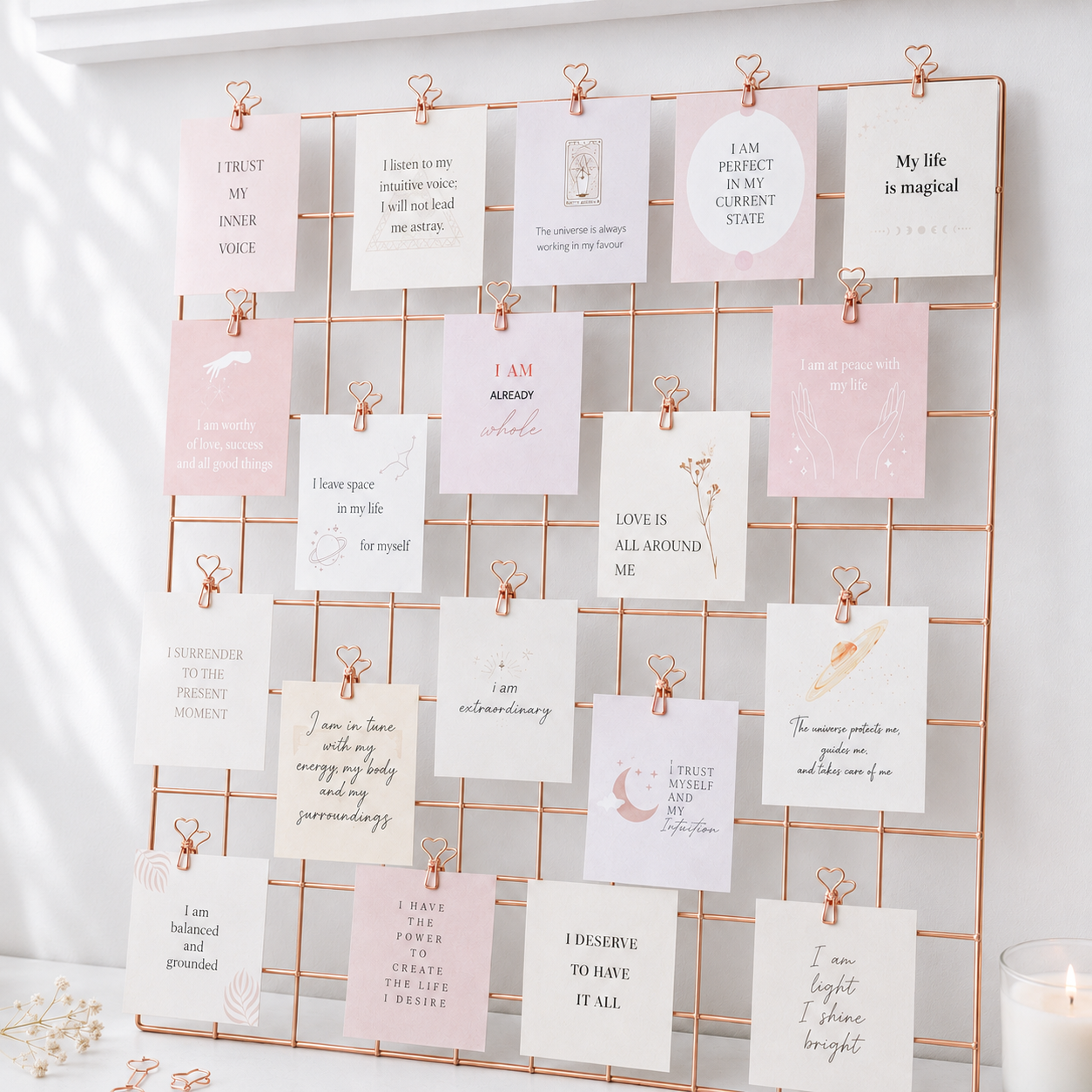 Affirmation cards displayed on rose gold vision board grid
