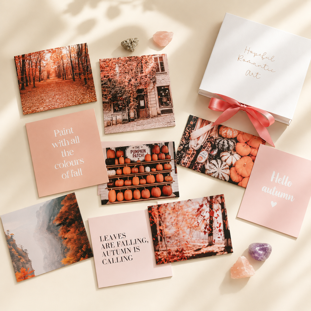 Autumn mood board cards with branded keepsake box and crystal accents