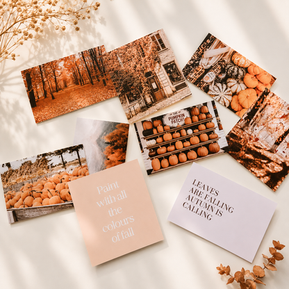 Autumn mood board cards with pumpkin patch imagery and "leaves are falling" quote