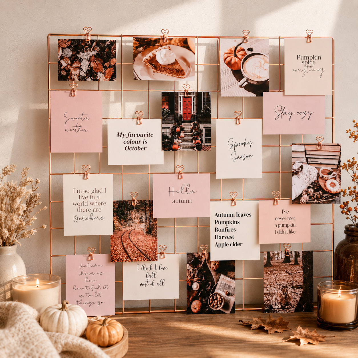 Autumn vision board with "stay cozy" and "hello autumn" quote cards on rose gold grid
