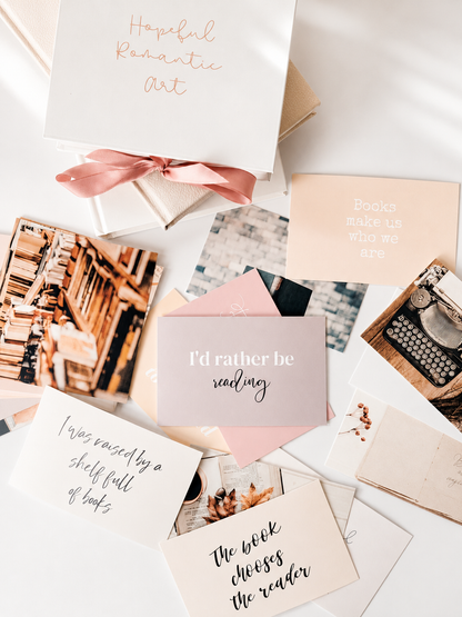 Book lover vision board card set with quote cards and cozy bookish image cards