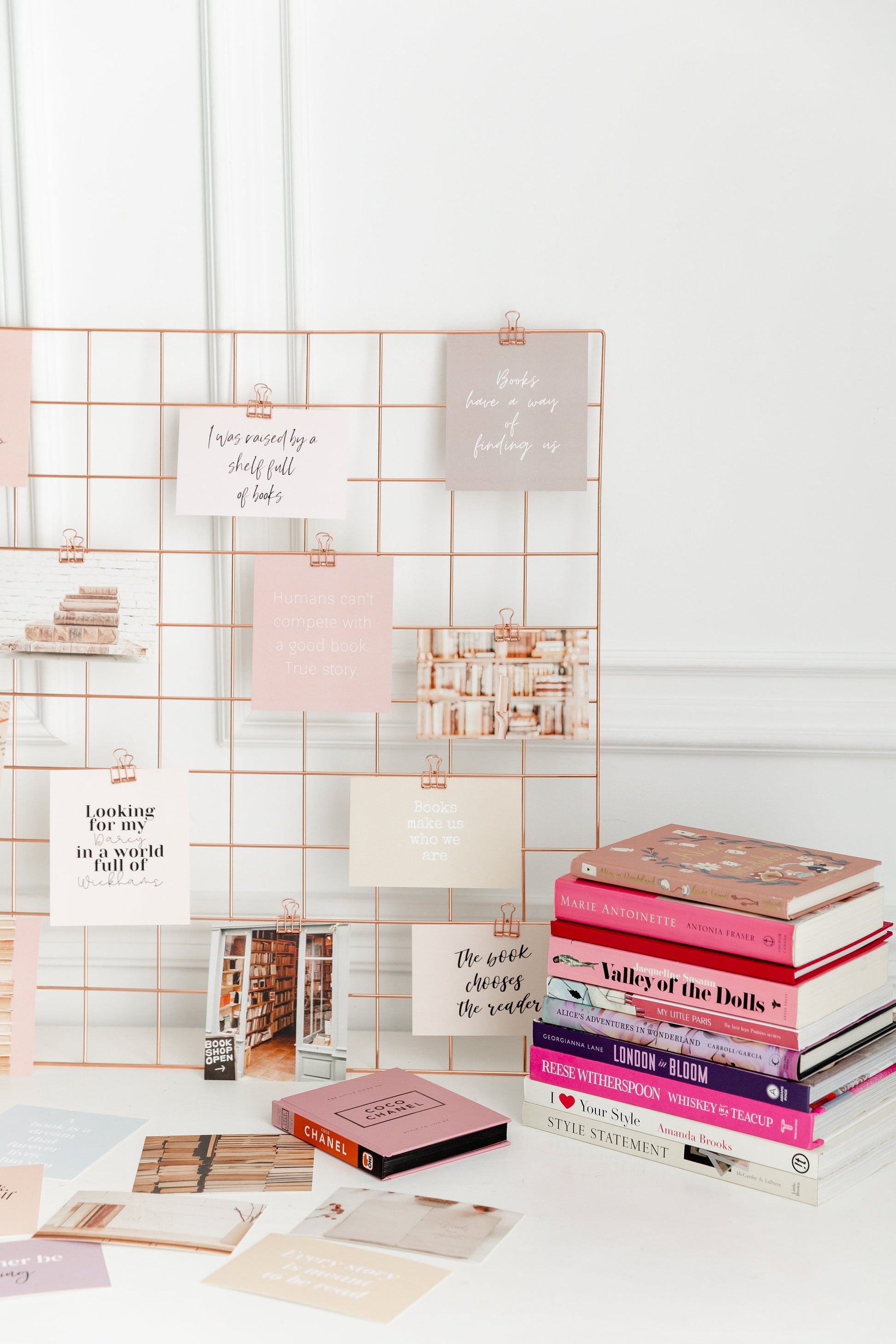 Reading mood board wall grid with bookish quote and image cards