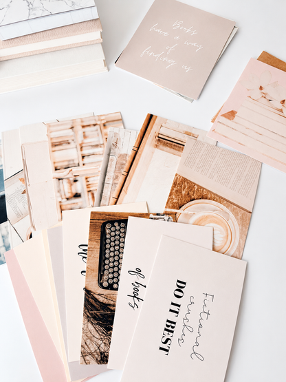 Spread of bookish vision board cards with reading quotes, books, and cozy images