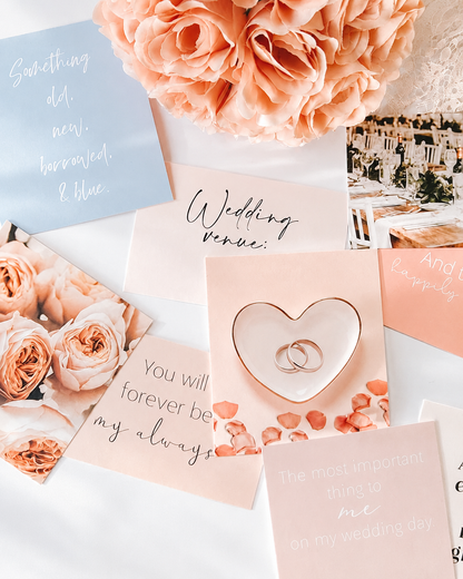 Close-up of bridal mood board cards with romantic wedding details
wedding-quote-cards-close-up