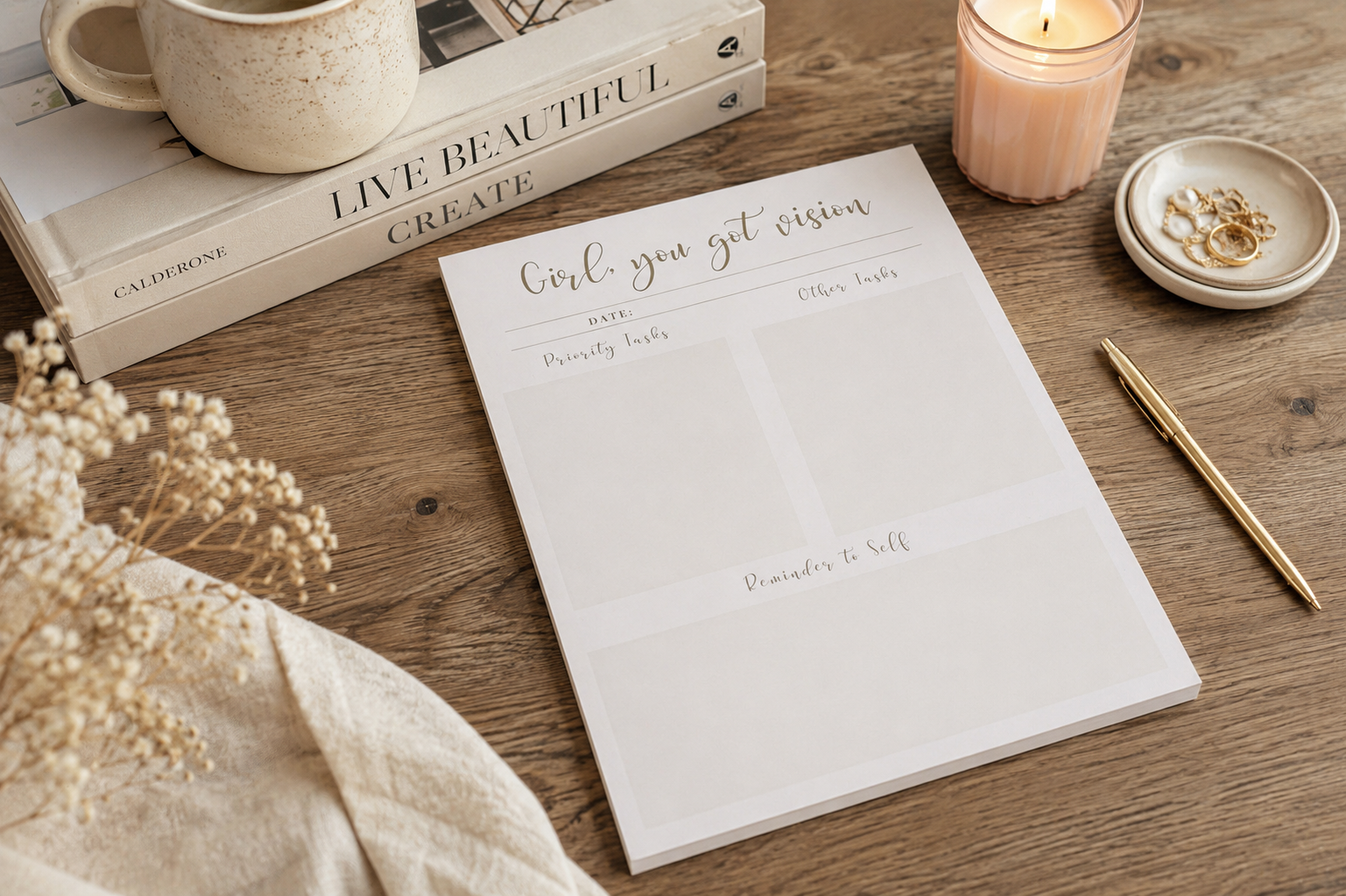 Blank daily planner notepad page with priority tasks, other tasks, and reminder sections