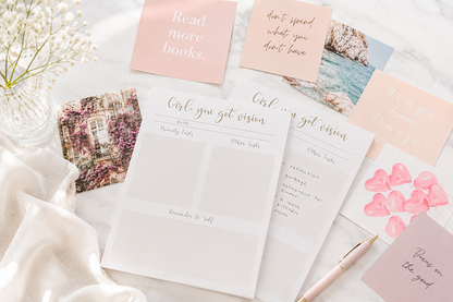 8x10 daily planner notepad styled with motivational cards and soft desk decor