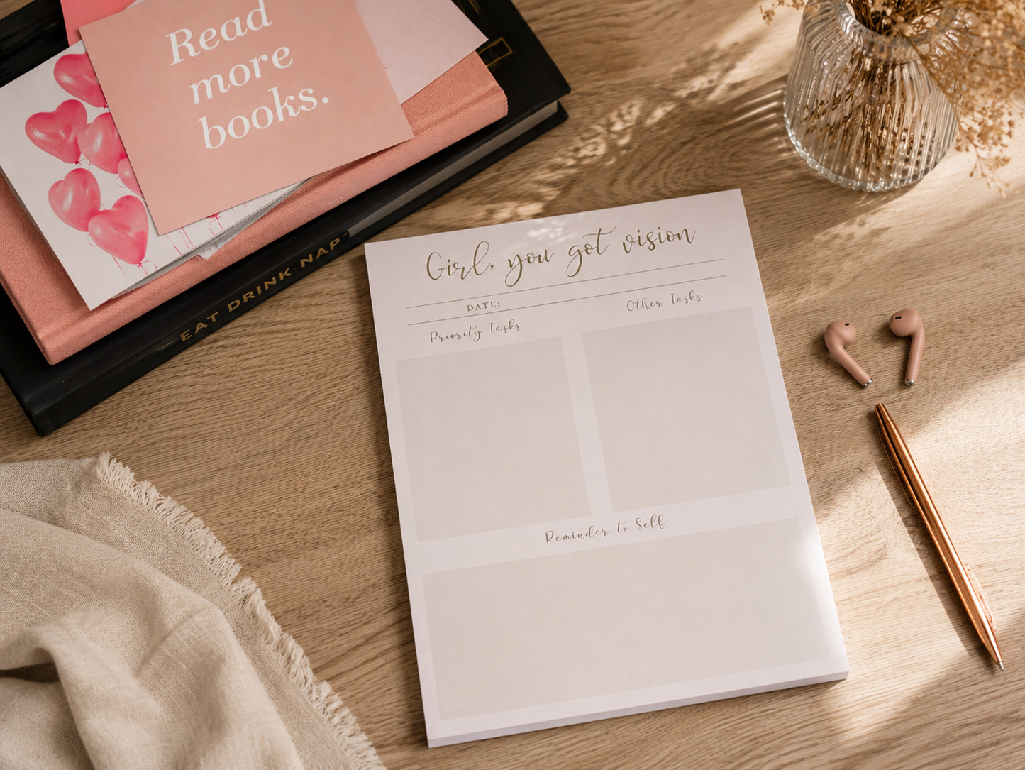 Daily planner notepad styled as a stationery gift with books and soft fabric