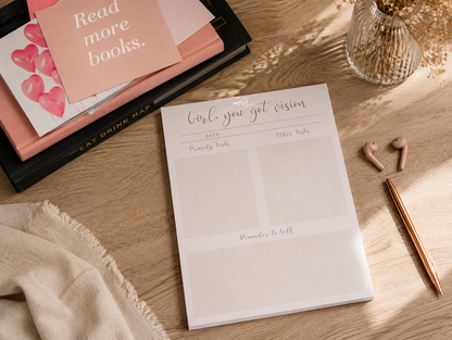 Daily planner notepad styled as a stationery gift with books and soft fabric