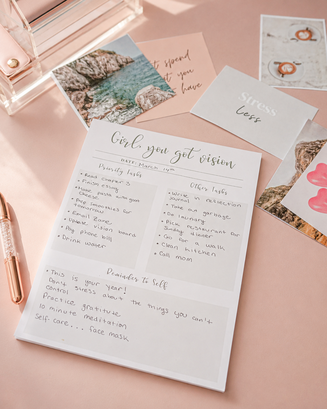 Filled-in daily planner notepad with handwritten to-do lists and reminders