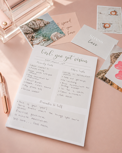 Filled-in daily planner notepad with handwritten to-do lists and reminders