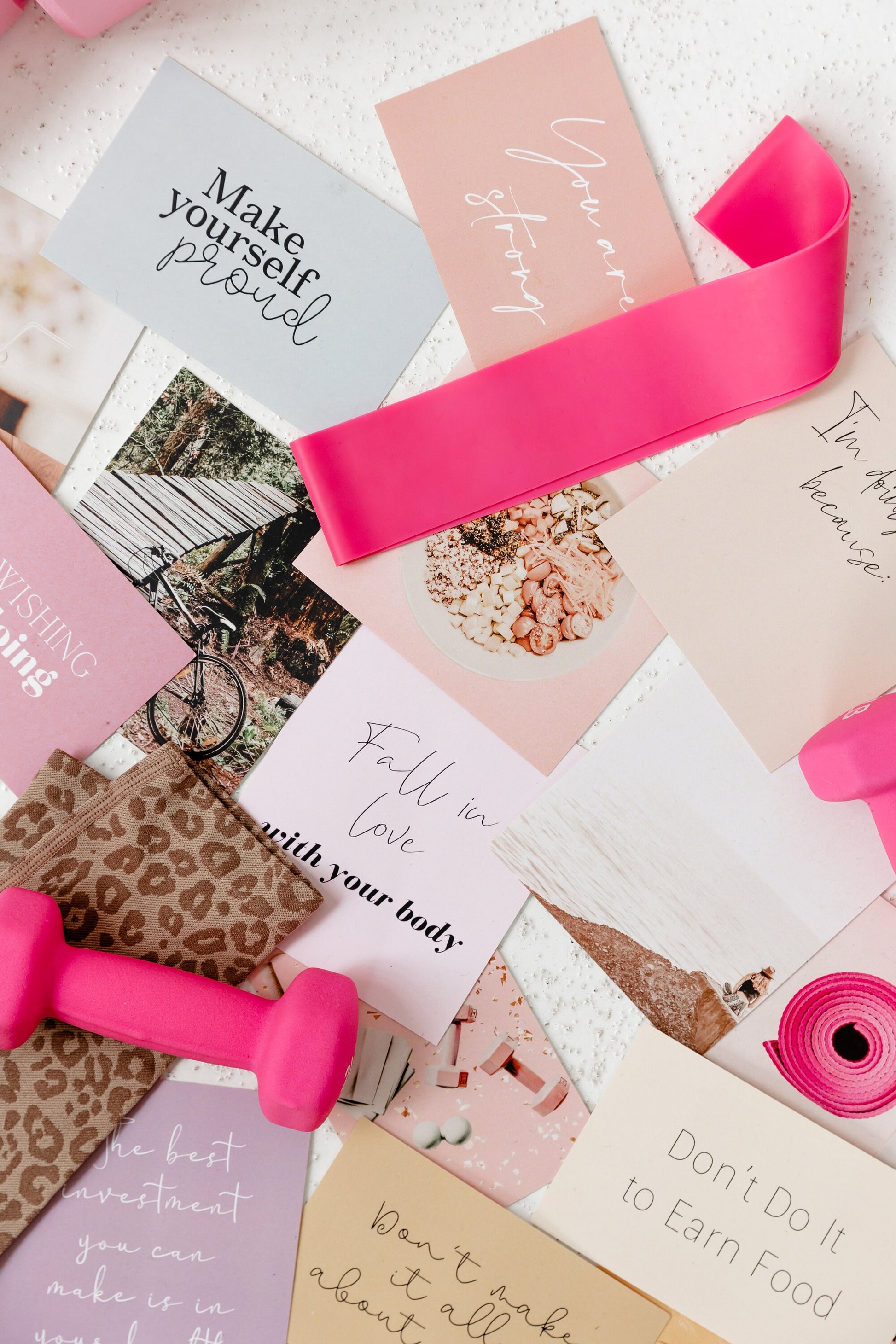 Close-up of fitness quote cards for motivation and healthy habit goals