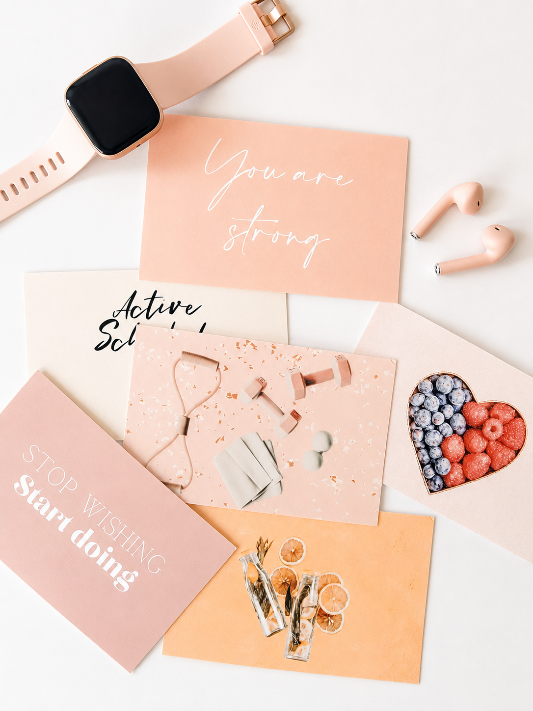 Fitness vision board cards clipped to a wall grid for workout motivation