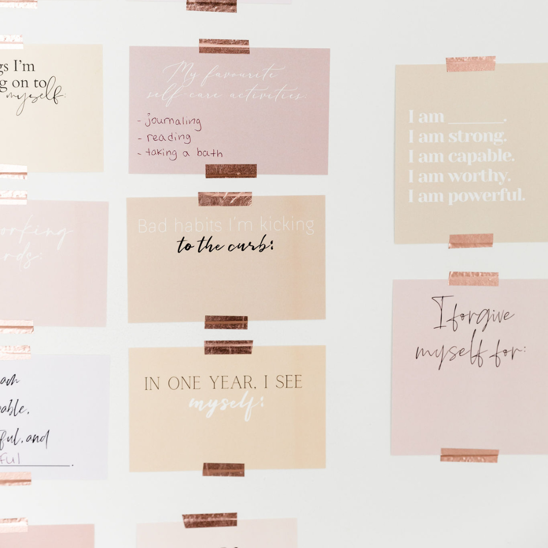 30 fill-in-the-blank goal setting cards in two sizes on wall