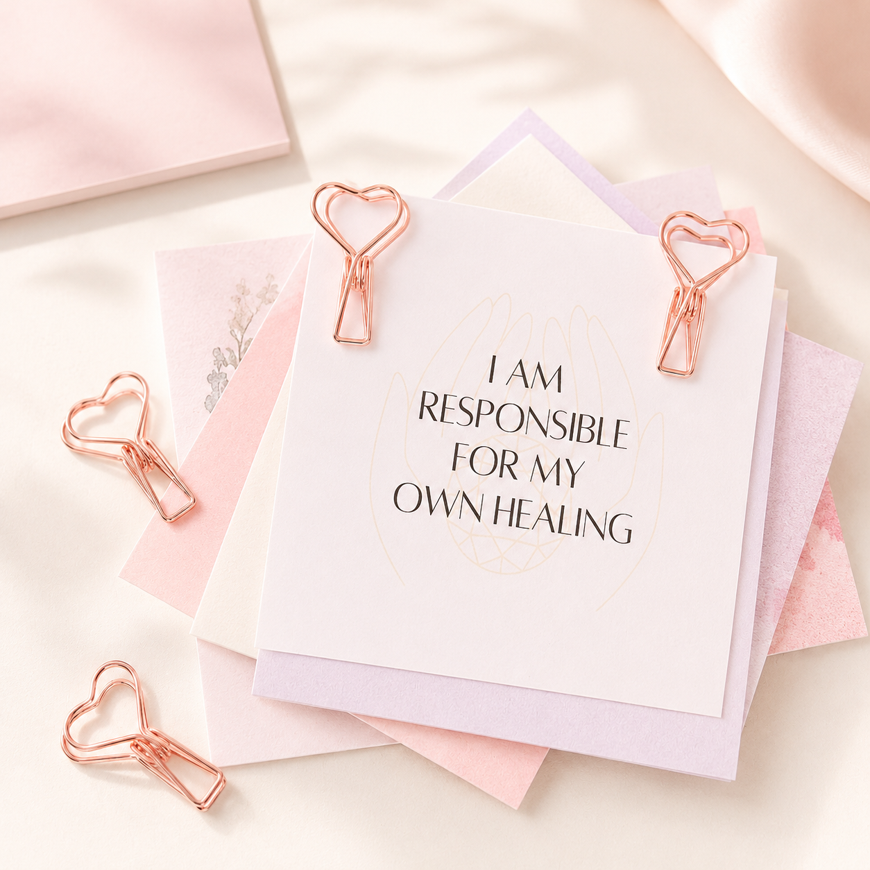 Rose gold heart clips holding "I Am Responsible For My Own Healing" affirmation card