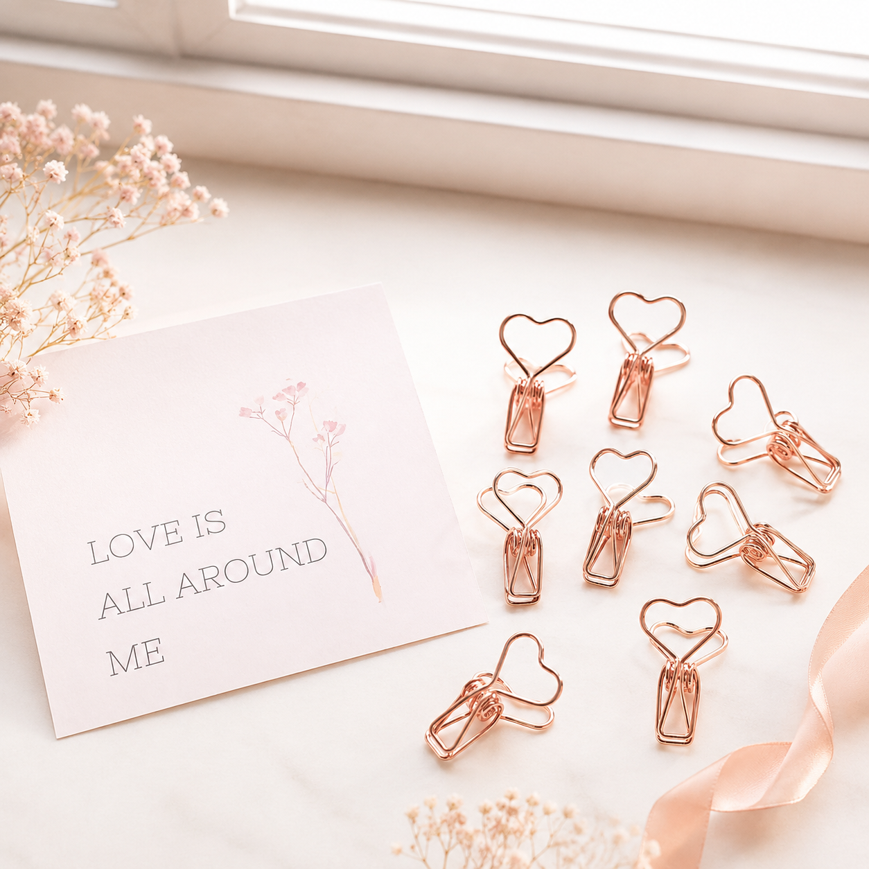 Rose gold heart clips beside "Love Is All Around Me" card with pressed flower illustration