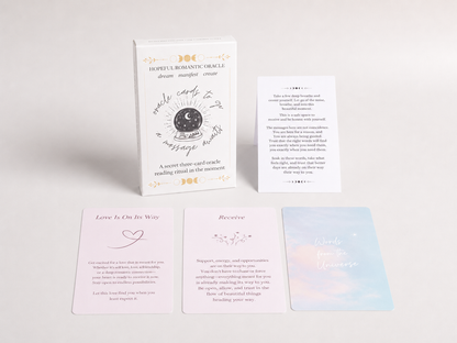 Hopeful Romantic Oracle box with instruction card and three pastel oracle cards displayed on a soft white background