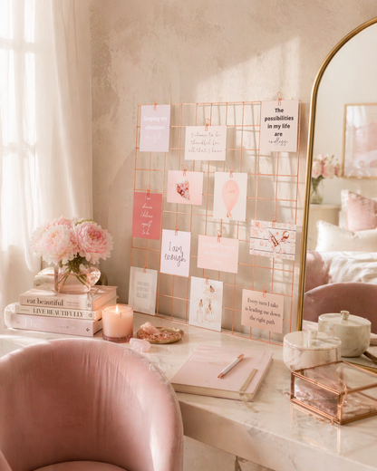 Manifestation vision board cards arranged in a soft pastel workspace with books, flowers and a pink chair