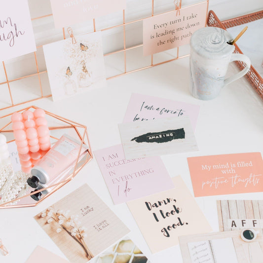 Manifestation vision board cards with quote and image cards in a keepsake box