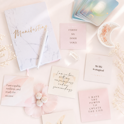 Pastel affirmation cards arranged with a marble journal, oracle cards, crystal and rose-gold clips.