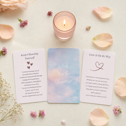 Mini oracle card reading styled with a candle, rose petals, and self-care items
