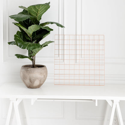 Rose gold wall grid displayed on a white table beside a plant